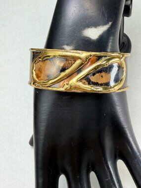 Modernist Brass Cuff Bracelet Mixed Metals Abstract Statement